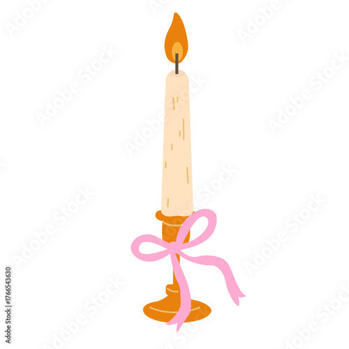 Elegant tall white christmas candle with pink ribbon decoration