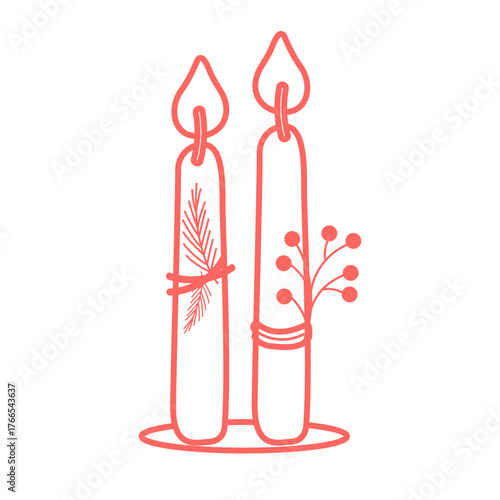Outline red christmas candles with pine branches and ribbon festive design