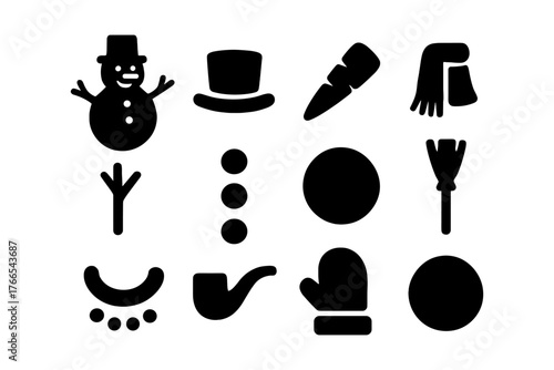Winter silhouette icons: snowman elements and accessories