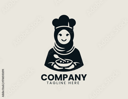 Sweet cartoon Muslim woman chef illustration wearing peach hijab and happily presenting chocolate dessert with floating hearts. Food concept