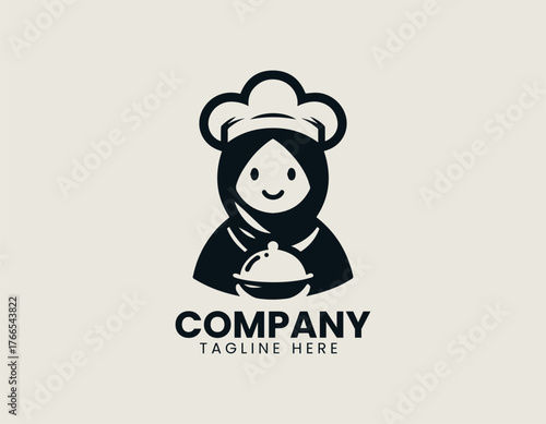 Sweet cartoon Muslim woman chef illustration wearing peach hijab and happily presenting chocolate dessert with floating hearts. Food concept