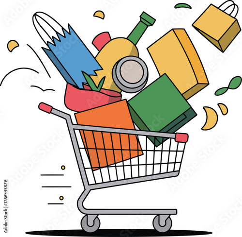 Shopping cart overflowing with colorful groceries and bags