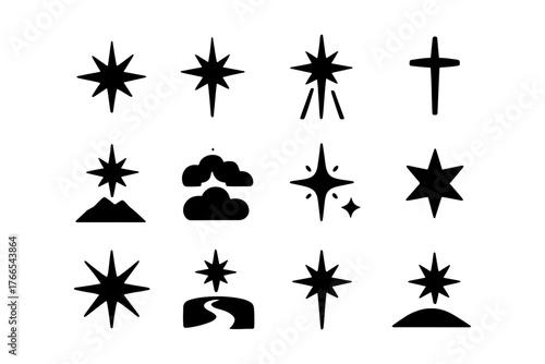 Collection of geometric star icons with nature motifs in black silhouette style