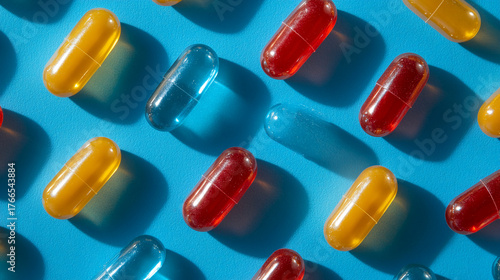 Vibrant pattern of colorful gel capsules on blue offers a modern approach to health and wellness, perfect for pharmaceutical advertising