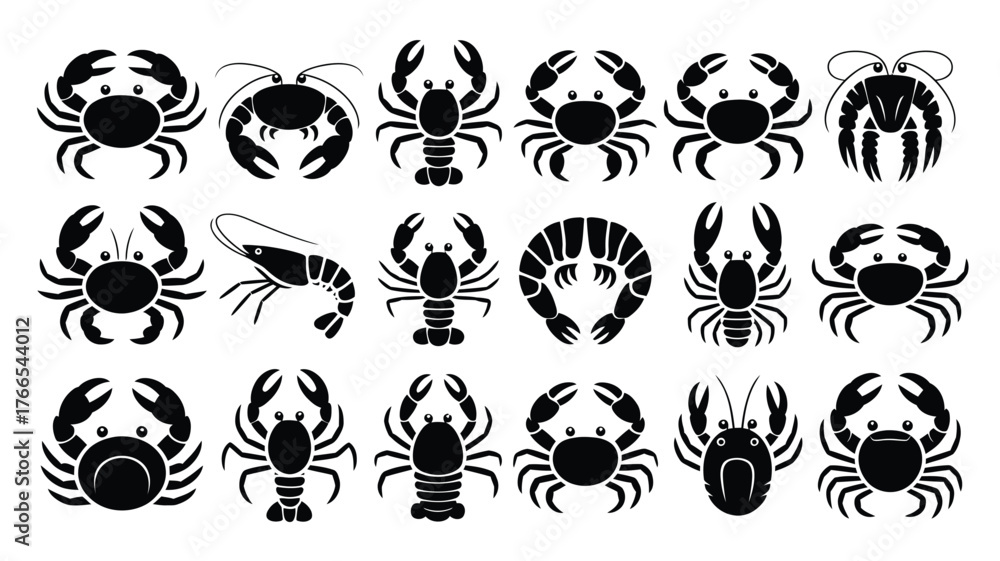 Naklejka premium Charming collection of stylized black seafood icons featuring crabs, lobsters, and shrimp perfect for menus and culinary designs.