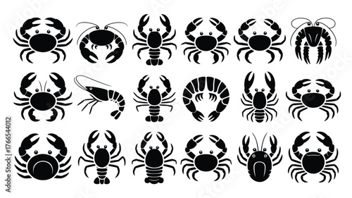 Charming collection of stylized black seafood icons featuring crabs, lobsters, and shrimp perfect for menus and culinary designs.