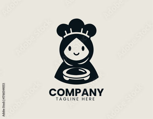 Sweet cartoon Muslim woman chef illustration wearing peach hijab and happily presenting chocolate dessert with floating hearts. Food concept