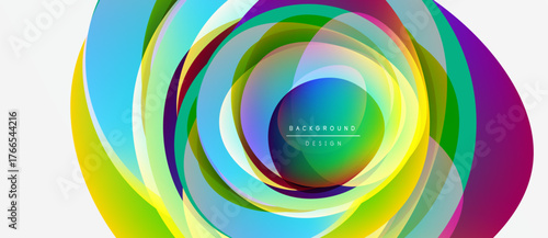 Abstract colorful layers create dynamic circular design. Vibrant hues blend, forming modern visual experience. Smooth gradients offer depth.