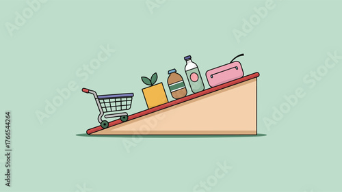 Shopping cart on ramp with groceries and pink pouch