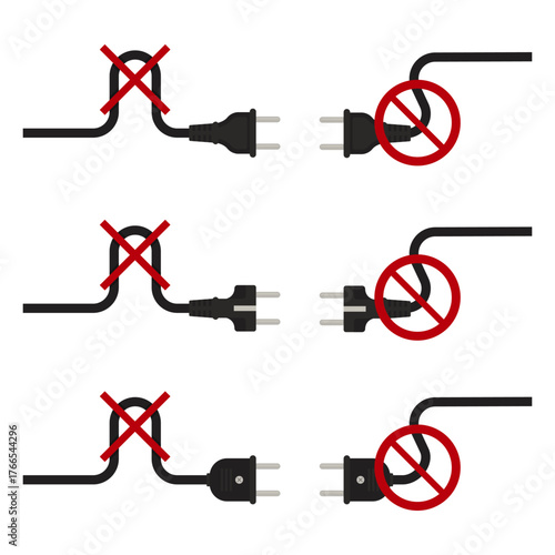 Do not bend electrical cord vector illustration showing power cable safety mistakes