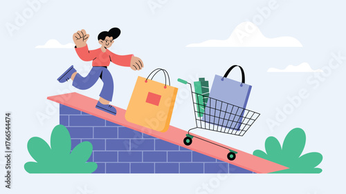Man running with shopping bags and cart on ramp vector