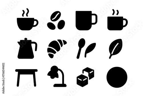Minimalist coffee shop icons set with drinks, food, and furniture