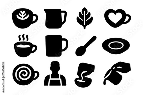 Coffee shop icons set featuring barista and drink elements in black silhouette style