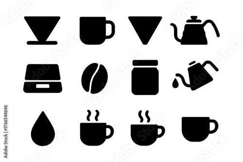 Coffee brewing icons: minimalistic set of silhouette symbols for cafe and barista tools