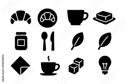 Breakfast elements silhouette icons: croissant, coffee, butter, and more