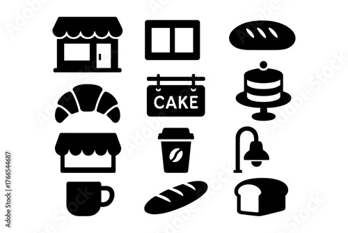 Icon set featuring bakery, coffee, and bread elements in bold silhouette style