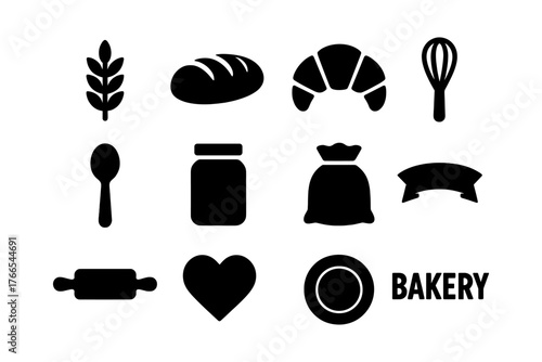 Silhouette baking icons set featuring essential kitchen tools and ingredients