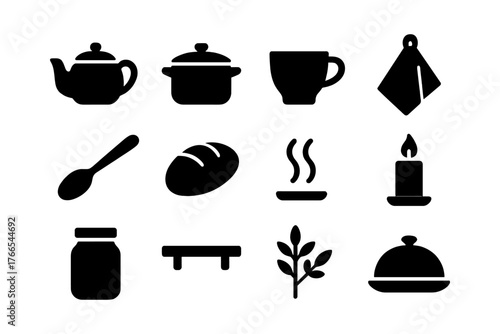 Kitchen essentials silhouette icons: cooking tools and utensils for culinary art