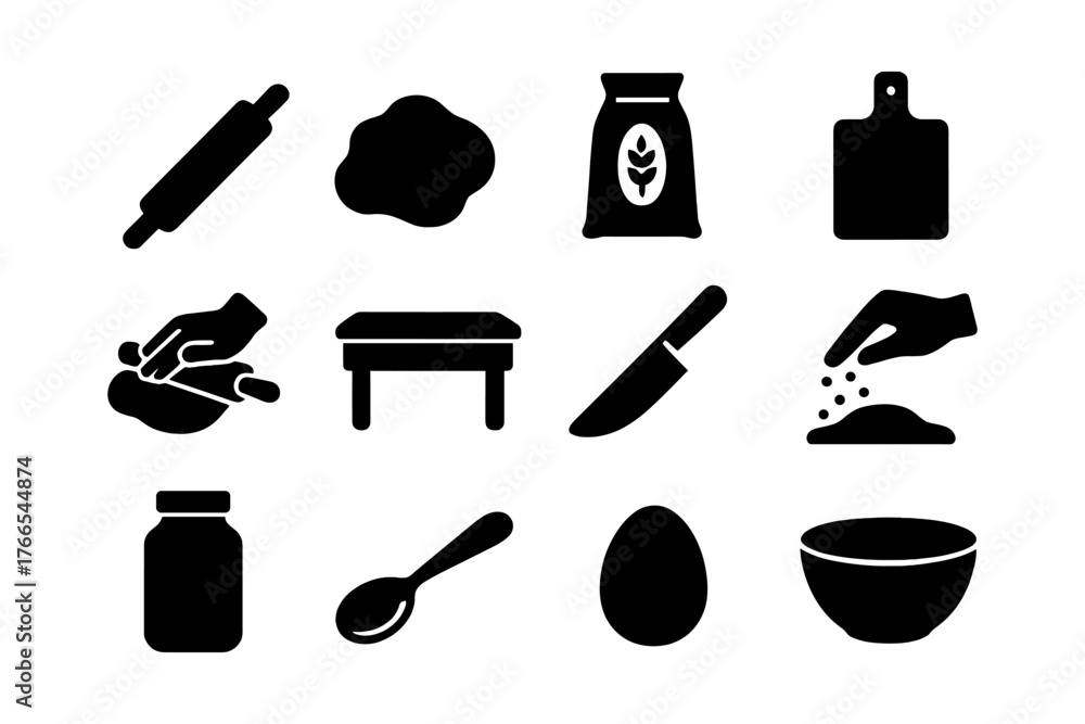 Obraz premium Baking essentials icons: silhouettes of kitchen tools and ingredients for culinary design