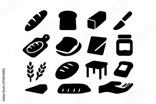 Silhouette icons of bakery essentials: bread, butter, and kitchen tools