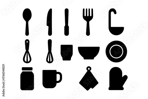 Kitchen utensil silhouettes: essential tools for cooking and dining in monochrome