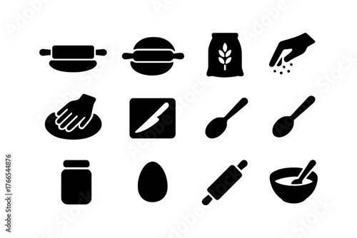 Kitchen tools and ingredients in silhouette style for baking and cooking