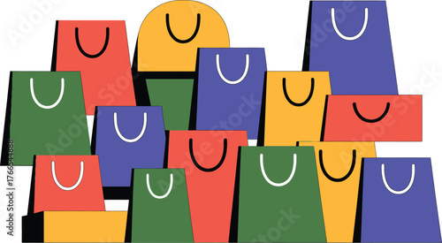 Colorful shopping bags arranged in a pattern retail