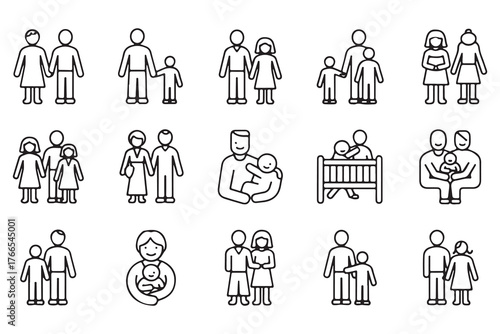  Collection of simple line art icons representing diverse family structures and relationships