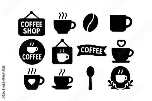 Wallpaper Mural Silhouette coffee icons set: cups, mugs, and beans in modern design Torontodigital.ca