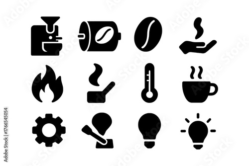 Coffee making icons set: brewing, roasting, and serving symbols in black silhouette style