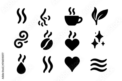 Collection of aroma and scent symbols in black silhouette design
