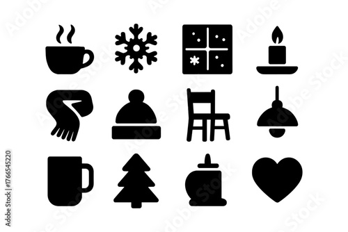 Cozy winter silhouettes: tea, candle, snowflake, and warm essentials icons