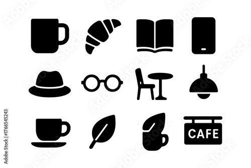 Cafe icons set: coffee, croissant, book, and more silhouettes for modern design