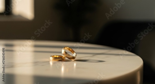 Two gold bands cast shadows on a marble surface, lit by sunlight. A blurred chair sits behind