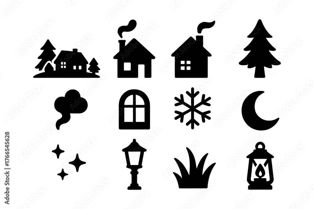 Fototapeta premium Winter silhouette icons set with houses, trees, and winter elements