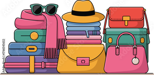Stacked luggage and bags with sunglasses and hat travel