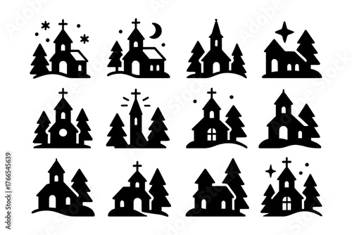 Charming winter church silhouettes: snowy night scenes with trees and stars