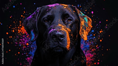 Adorable dog with droopy eyes surrounded by colorful sparkles.