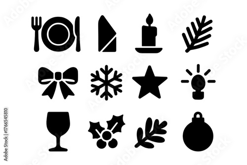 Christmas icon set featuring holiday symbols in bold silhouette style