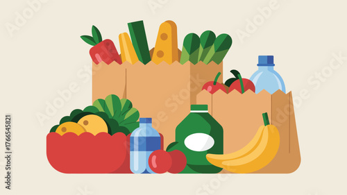 Grocery bags filled with colorful fruits vegetables and drinks