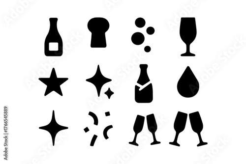 Celebration icons: bold black silhouettes of wine glasses, stars, and bubbles