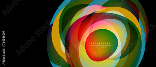 Abstract colorful layers create dynamic circular design. Text reads background design within central shape. Vibrant hues overlap, forming modern visual.