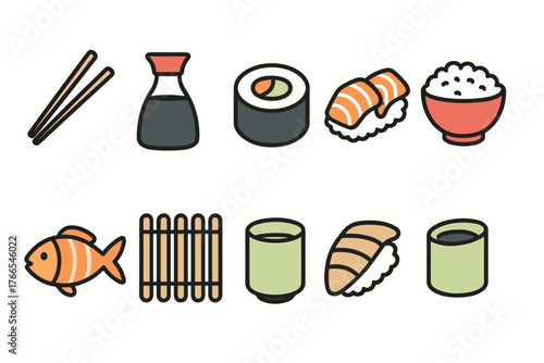Colorful assorted japanese food icons featuring sushi and rice