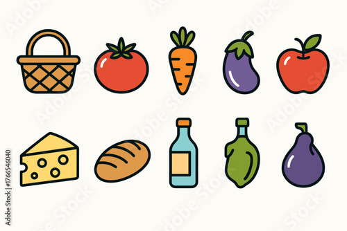 Colorful cartoon food icons: vegetables, fruits, bread, and bottles