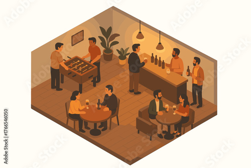 Cozy bar interior with people socializing and playing foosball in warm ambiance