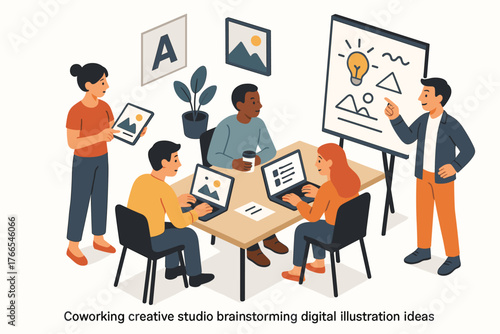 Diverse team engaging in creative brainstorming session at modern workspace