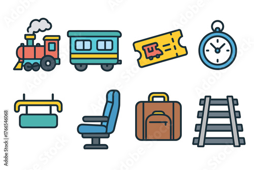 Colorful train travel icons including locomotive, ticket, and rail tracks