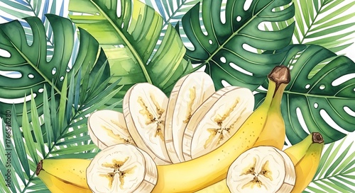 Banana Slices and Whole Fruit with Tropical Leaf Background.