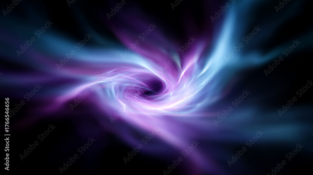 Obraz premium Bright blue and purple lightning bolts twisting into a swirling energy vortex, vibrant and glowing against a black backdrop, digital abstract art with intense motion and depth. swi