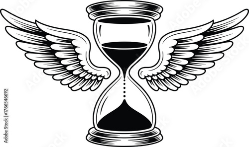 Black and white hourglass with feathered wings time